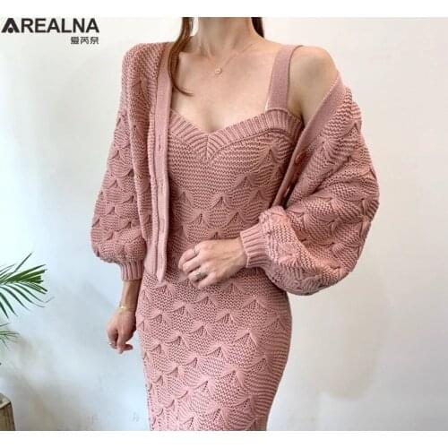 2021 autumn womens lantern sleeve knitted Cardigan sweater + Sling dress sexy two piece set women 2 piece sets womens outfits