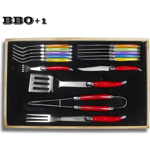 16pcs/set Stainless steel Dinnerware Set Rainbow BBQ Tool Meat Fork Shovel Steak Knives Forks Colorful Tableware Cutlery in box
