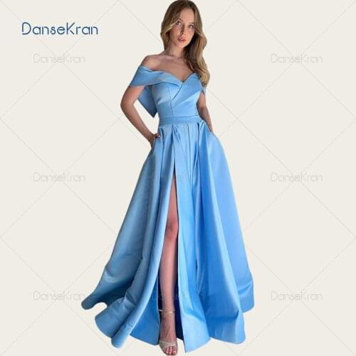 Blue Prom Dresses With Pockets Off The Shoulder Side Split Formal Evening Dresses 2021 Strapless A Line Satin Prom Gowns