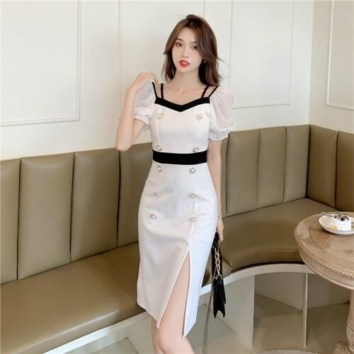 WTIANYUW Mature Dress Summer 2021 New French Design Small Crowd Waist Split Bubble Sleeve Vestidos