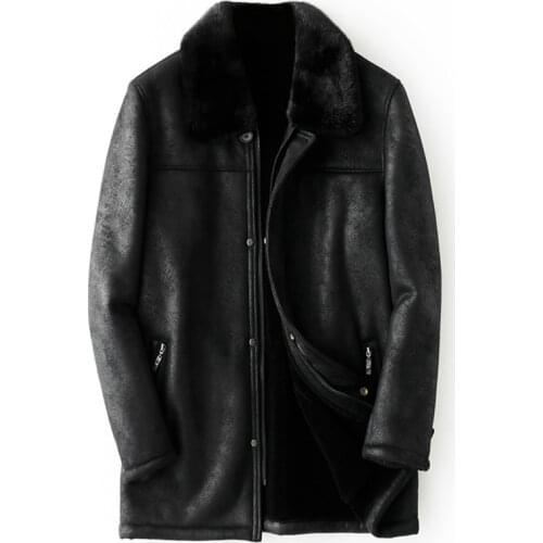 Suede Leather Fur Business Men Leather Jacket Cashmere Fur Mens Shearling Coat Full Mink Collar Winter Overcoats