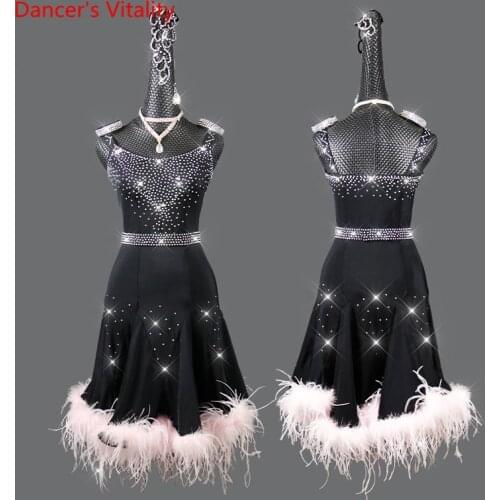 Latin Dance Competition Clothing Female Adult Diamond-studded Sling Feather Dance Skirt High-end Custom Performance Clothes