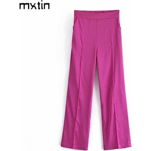 MXTIN 2021 Women Autumn Fashion Solid Pockets Straight Pants Vintage High Waist Elasticity Office Lady Trousers Vestidos Mujer