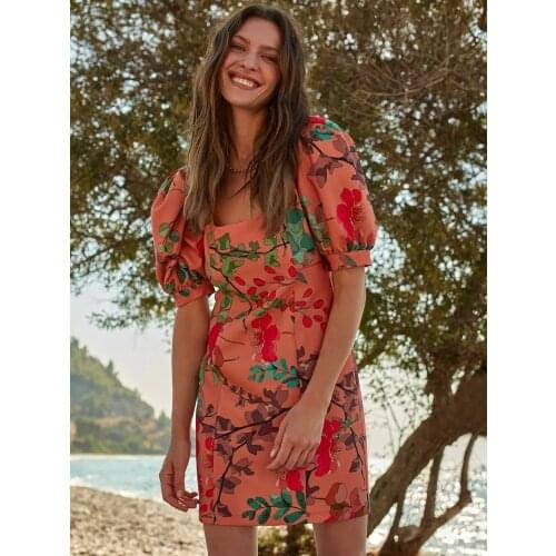 Women Green Floral Patterned Square Collar Watermelon Sleeve Mini Dress Spring Summer Beach Holiday Casual Bohemian 2021 New