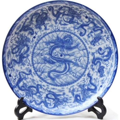25cm Blue and White Porcelain Custom Decorative Dragon Ceramic Plate for home decoration with plastic Rack