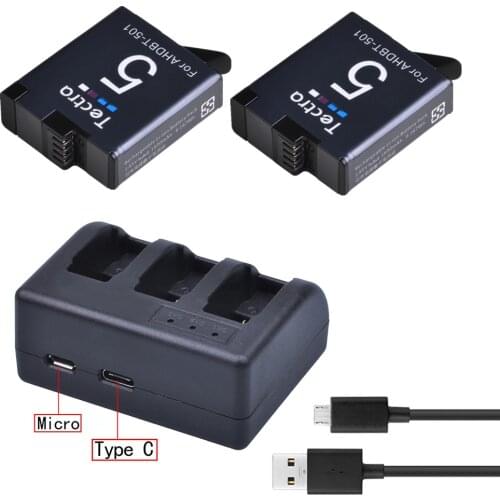 2x1600mAh for GoPro Hero7 Hero 6 hero 5 Battery+3slots charger with type C port for GoPro 7 6 hero5 Action Cameras