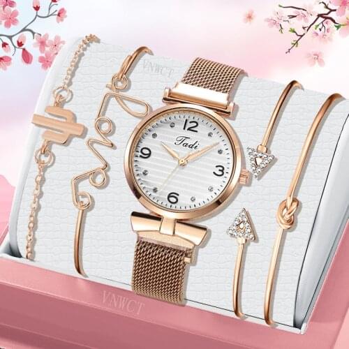 Fashion 5pcs Set Women Watches Luxury Magnet Buckle Flower Rhinestone Watch Ladies Quartz Wrist Watch Bracelet Set Reloj Mujer