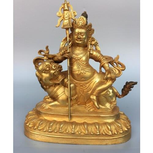 9"Chinese temple collection Old Bronze Gilt Treasure Heavenly King Buddha Huang Caishen Ride a unicorn statue Enshrine