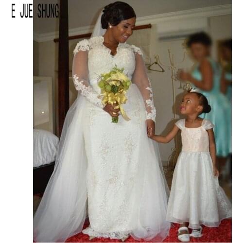 E JUE SHUNG White Luxury African Mermaid Wedding Dresses V Neck Long Sleeves Pearls Sashes Lace Wedding Gowns robe de marriage