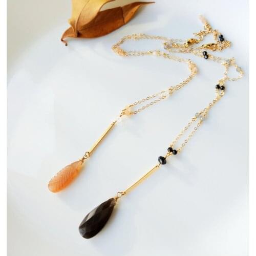 Lii Ji Genuine Sunstone Labradorite Moonstone Handmade Pendant Delicate Necklace US 14K GF Chain Link Necklace For Women Girl