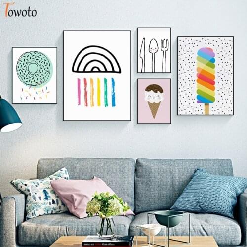 Nursery Rainbow Wall Art Cartoon Food Canvas Painting Cute Ice Cream Donut Print Kids Poster Children Tableware Kitchen Decor