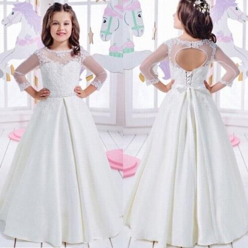 Kids Formal Girls Flower Girl Dresses for Wedding Party Dress with Sheer Long Sleeves Backless Appliques First Communion Dresses