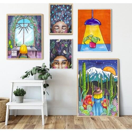 Nordic Green Cactus Garden Poster And Print Girl Canvas Painting Lovely Wall Pictures for Living Room HD Cartoon Wall Art Decor