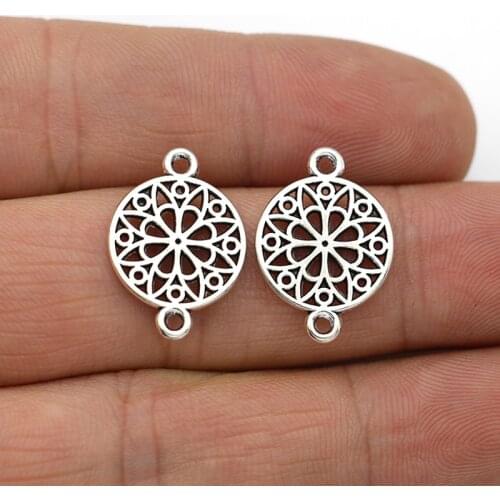 JAKONGO Antique Silver Plated Round Flower Charm Connectors for Jewelry Making Bracelet Accessories DIY Findings 10pcs/lot