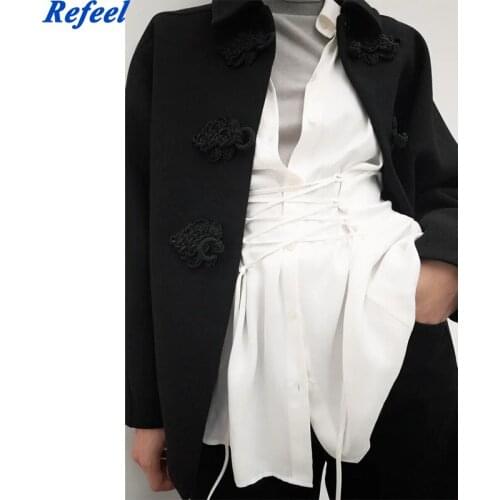 Fashion Loose Solid Long Sleeve Coats Women Elegant Rope Buckle Jackets Women Turn Down Collar Black Coats Ladies