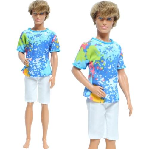 Handmade Mens Doll Outfit Summer Wear Colorful T-shirt Short Pants Clothes for Barbie Doll Friend Ken Doll Accessories Kids Toy
