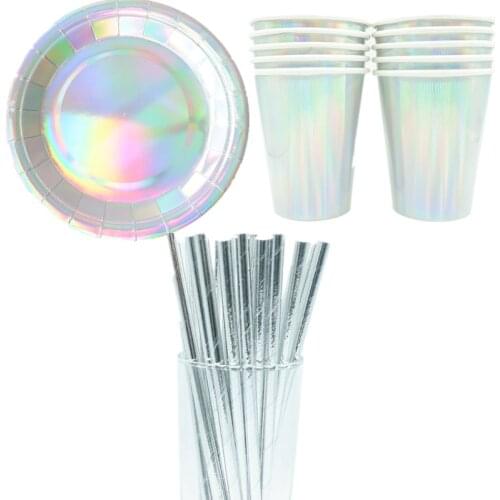 Silver Foil Disposable Party Tableware Sets Paper Plates Cups Straws for Birthday Bridal Shower Children Party Decoration