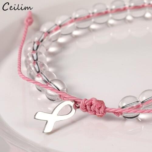 2021 New Breast Cancer Awareness Bracelet for Women Pink String Stainless Steel Ribbon Charm Glass Bead Bracelet Wish Jewelry