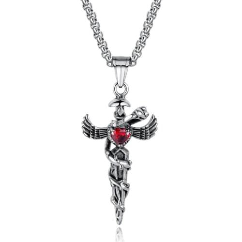 Punk Cross with Red/Black Heart CZ Pendant Necklace For Men Stainless Steel Wing box chain Male Jewelry Gift