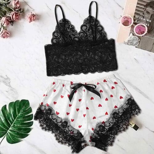 New Fashion Love Print Women Sleepwear Sexy Satin Pajama Set Female Lace V-Neck Pyjamas Sleeveless Lace Cami Top and Shorts Sets