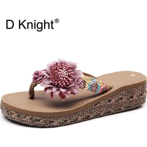 Summer Women 4.5cm Heel Slippers Platform Sandals Flowers Clip Toe Lady Wedges Sandal Brand Flip Flops Shoes Women Beach Slipper