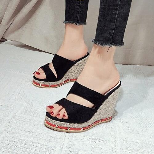 Womens Sandals Summer New Sandals Womens Large Size Spot Wedge Slip-on Belt European American Open Toe High Heel Womens Shoes