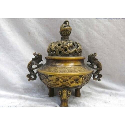 7" China brass copper fine water wave dragon tiger enser incense Burner Statue