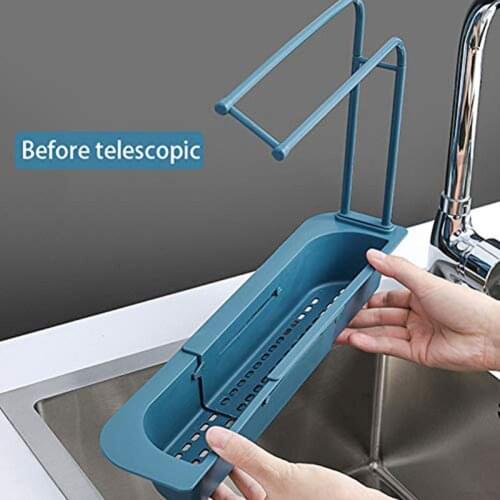 Home Kitchen Telescopic Sink Storage Tray Rack Holder Expandable Drain Basket Towel Bar Drainage Hole Easy Installation