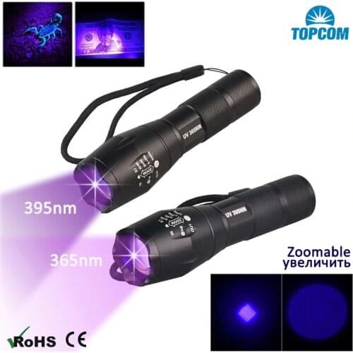 Topcom 3W Zoomable UV Light 365nm 395nm LED UV Flashlight New Military Grade Tactical Ultraviolet Flashlight Lantern 18650 Torch