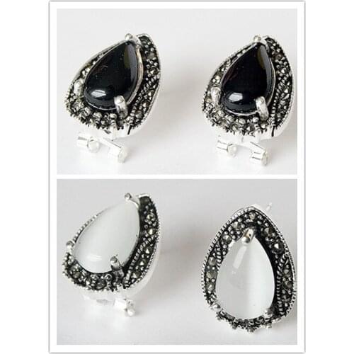 2 choices VINTAGE 925 STERLING SILVER BLACK Natural Stone AND WHITE OPAL MARCASITE EARRINGS 15X19MM