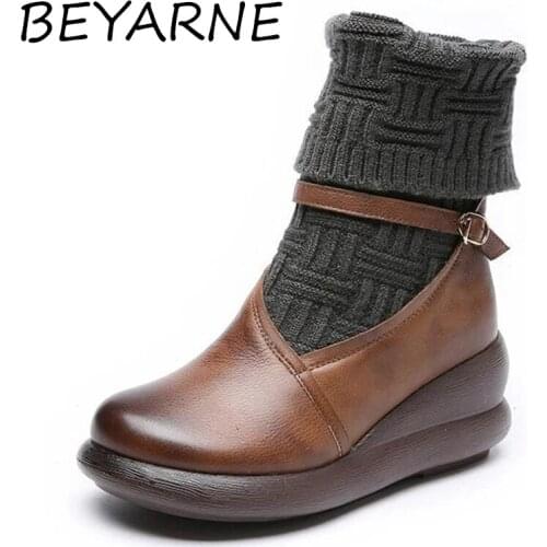 BEYARNE New Winter Stitching Woolen Top Cowhide Leather Boots Women Boots Handmade Snow Boots Flat Wedges Women Shoes Fashion