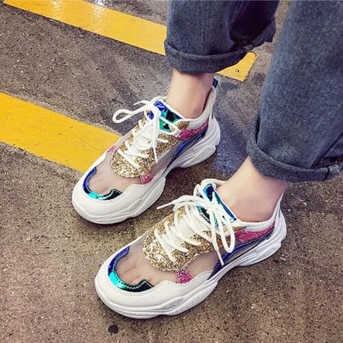 Summer Mesh Breathable Running Sneakers Women 2020 New Sequins Thick Bottom Hollow Student Dad Shoes Female Casual Sport Shoes