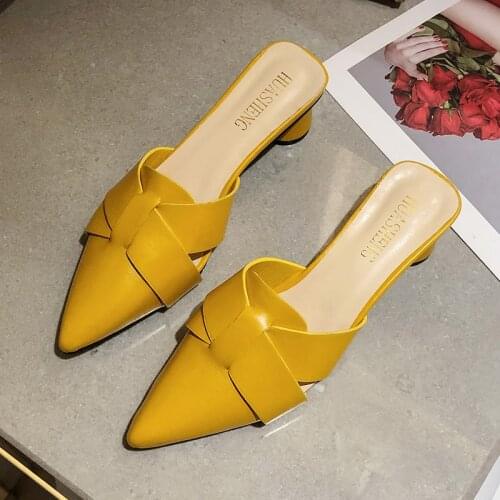 New Summer 2021 Fashion Thick Lazy Heels Slippers Women Hollow Out PU Leather Shoes for Women Casual Pumps Female A026