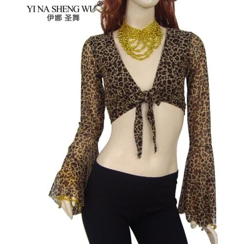 New Chiffon Belly Dance Costumes Top Practice Top Lopard Long Sleeves Belly Dance Tops Sexy Tops Clothes Dancer Wear Women Shirt
