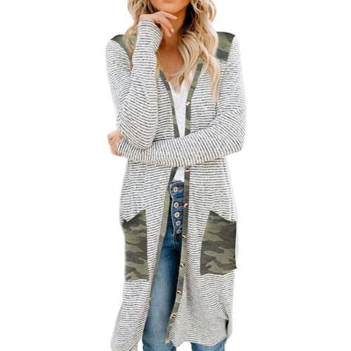 Autumn Winter Sweater Women Casual Long Sleeve Open Front Cardigan Leopard Camouflage Pocket Loose Mid-length Warm Coat