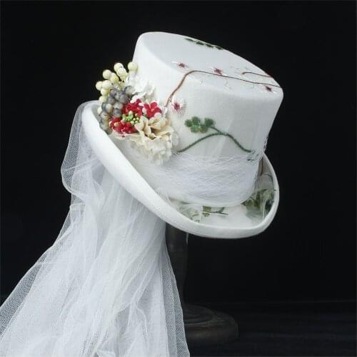 100% Wool White Women Wedding Top Hat Off Steampunk Hat Ivory Hat Lady Rhinestone Gala Hat Flower Top Hat Tea Party Hat 4Size