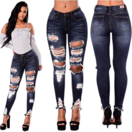 Women Fashion Ripped High Waist Bodysuit Denim Jeans Pencil Pants