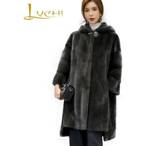 LVCHI Winter 2019 Female Long Sleeve Sold Elegant Long Real Mink Fur Coats Womens Causal Hat With Fur Hood Striped Long Coats