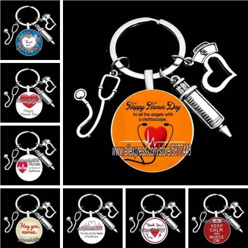 New High Quality 1 Piece Nurse Medical Syringe Stethoscope Keychain Love Heart Thanksgiving Key Ring Gift for Nurse and Doctor