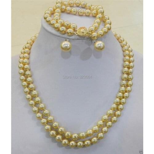 2 Rows 8mm Sea Gold Shell Pearl Necklace Bracelet, 12MM Earring Set