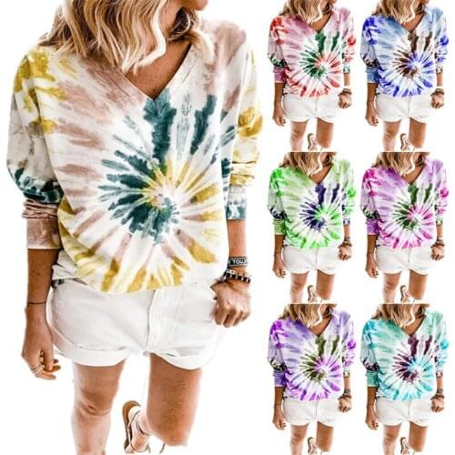 2020 Womens Casual V-neck Shirt Long Sleeve Tie Dye Print Loose Tops Fashion Pullover Autumn Winter Shirt