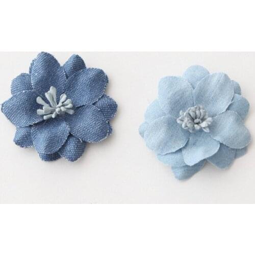 30pcs/lot Fashion Jeans Satin Rose Chiffon Flower with stamen for Kids Headwear Accessories