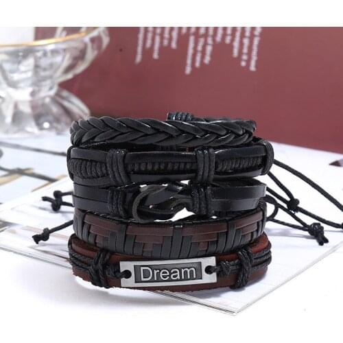 5PCS/lot Mens DIY Letter Bracelet Set Vintage Hand Woven Leather Bracelet Friendship Bracelet