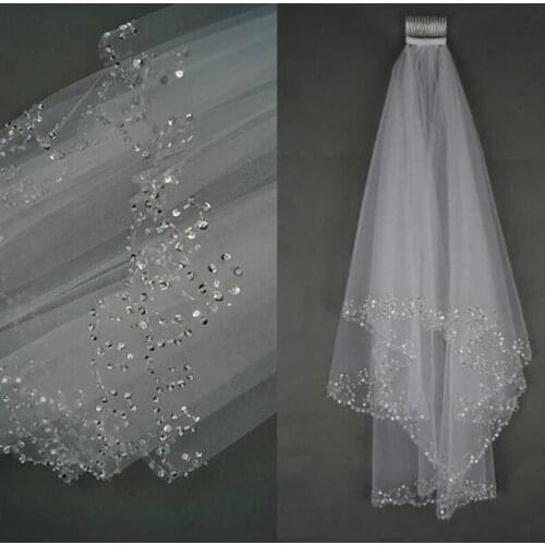 White or Ivory Short 2 Layer Wedding Veil with Comb Bride Crystal Bridal Veils 2022