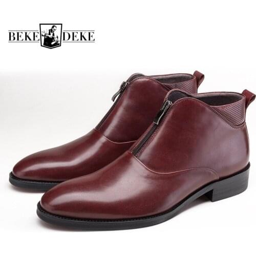 Luxury Cowhide Genuine Leather Boots Men Black Wine Red Autumn Winter Work Chelsea Boots Round Toe Leather Shoes Men New