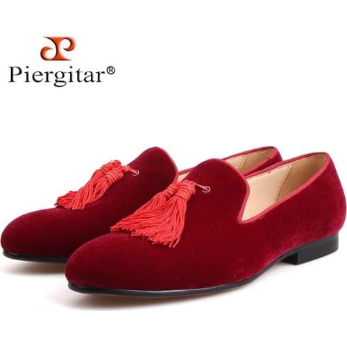Piergitar brand new burgundy color velvet men handmade shoes Party and Wedding men tassel loafers plus size mens dress shoes