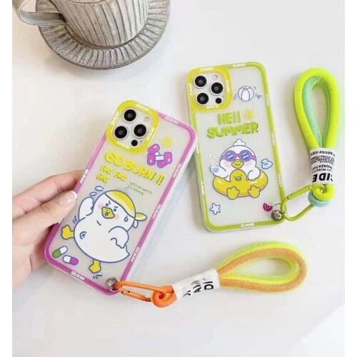 Korean cartoon cute duck with hand strap phone case for iPhone 12p 12 11p phone case iPhone 7 8 X XS back cover gift