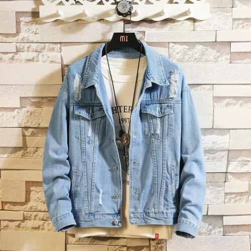 Mens Denim Jacket Light Blue Retro Holes Jean Jackets Casual Streetwear Denim Coats Fashion Slim Cotton Outwear Denim Jacket
