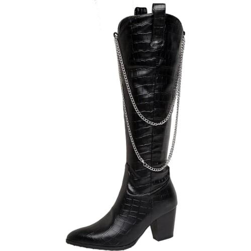 Crocodile Pointed Toe Square Heel Metal Chain Denim Boots With Side Zipper Stone Patterned Thick Heel PU Knee Boots Retro Shoes