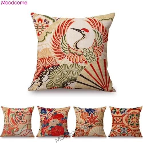Elegant Bright Red Flower Pattern Japanese Stylish Design Home Decorative Sofa Throw Pillow Case Lovely Cute Linen Cushion Cover